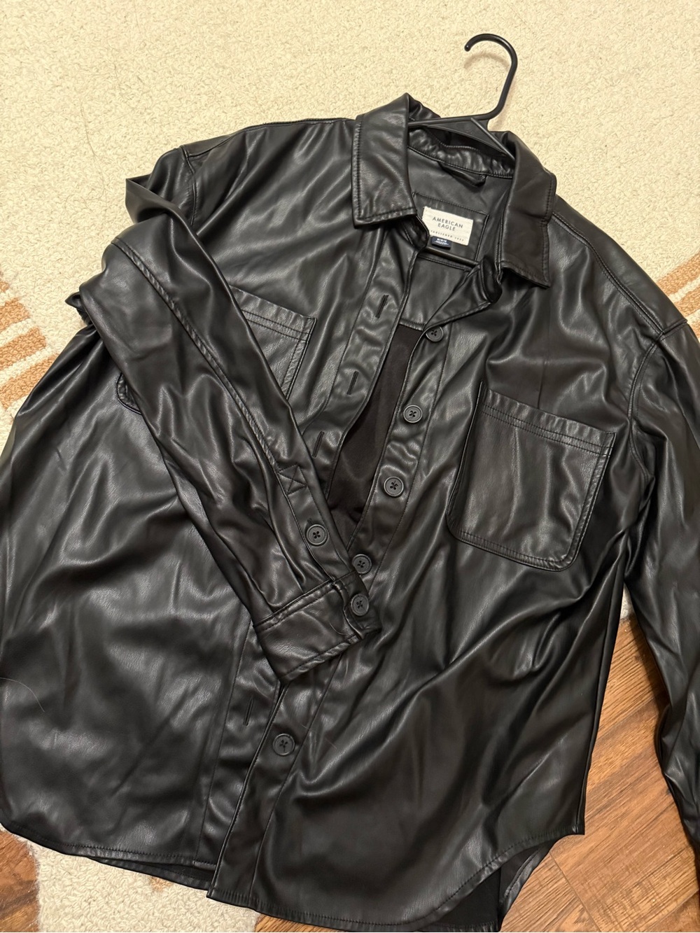 Womens Black Faux Leather Shirt Jacket - American Vintage